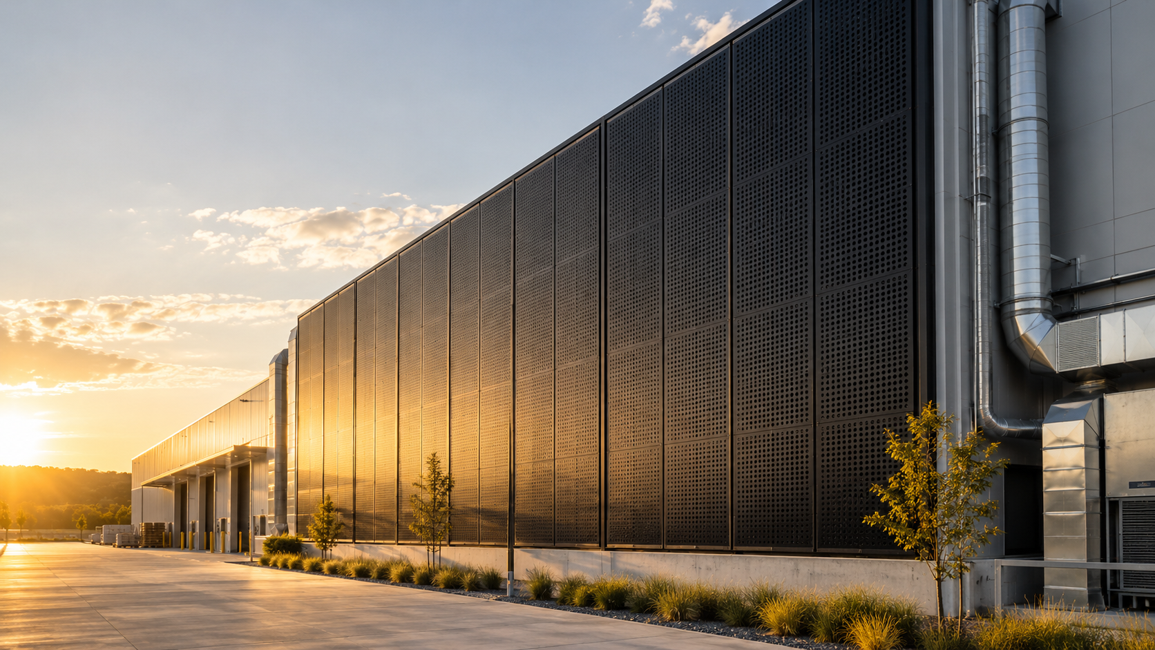 Representative industrial solar air collector façade image, not a photograph of the Pelsan facility